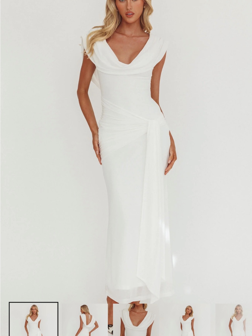 Selfie Leslie White Draped Cowl Maxi Dress